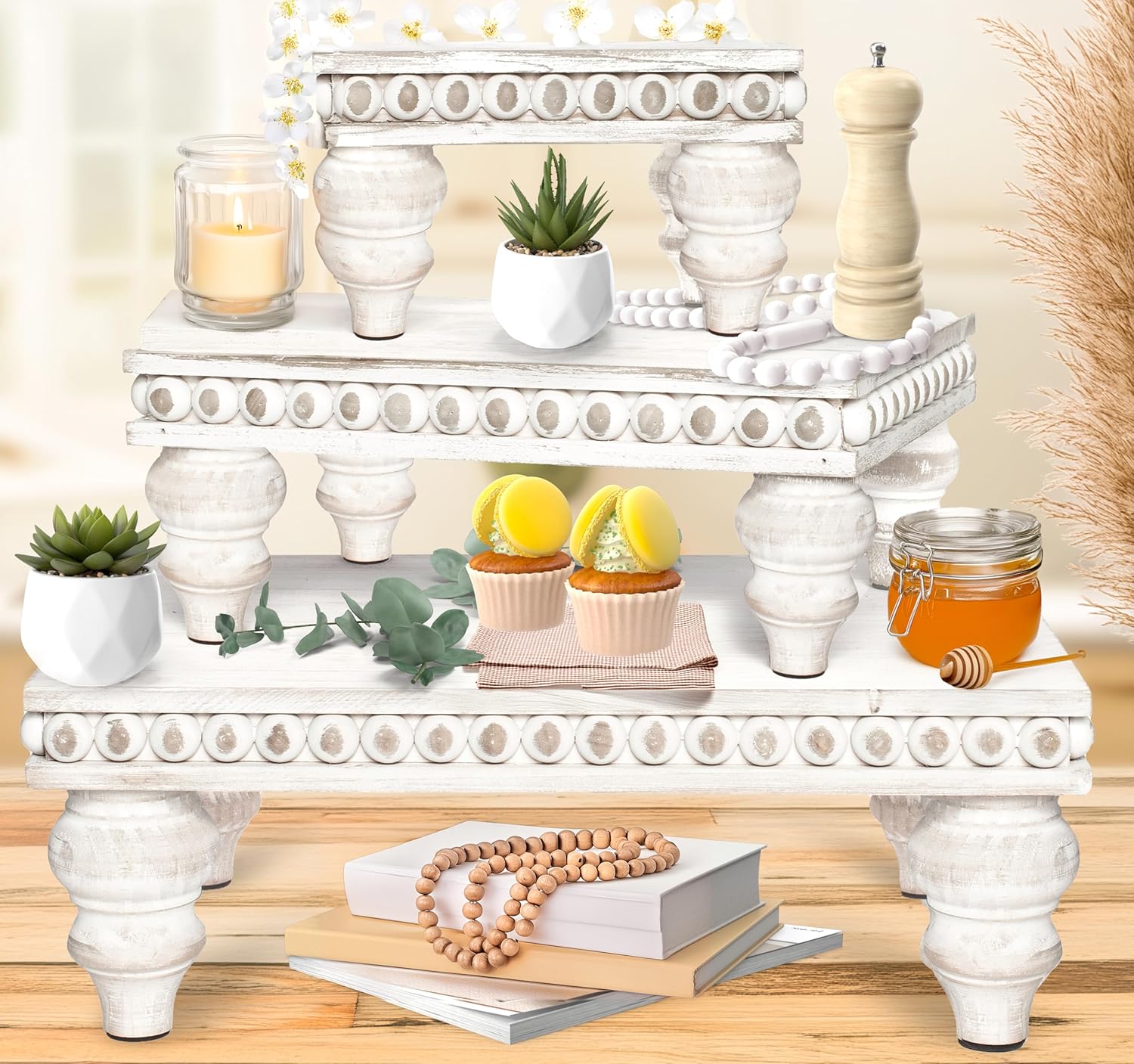 Wooden Tiered Tray Set - 3 Piece Farmhouse Display Risers