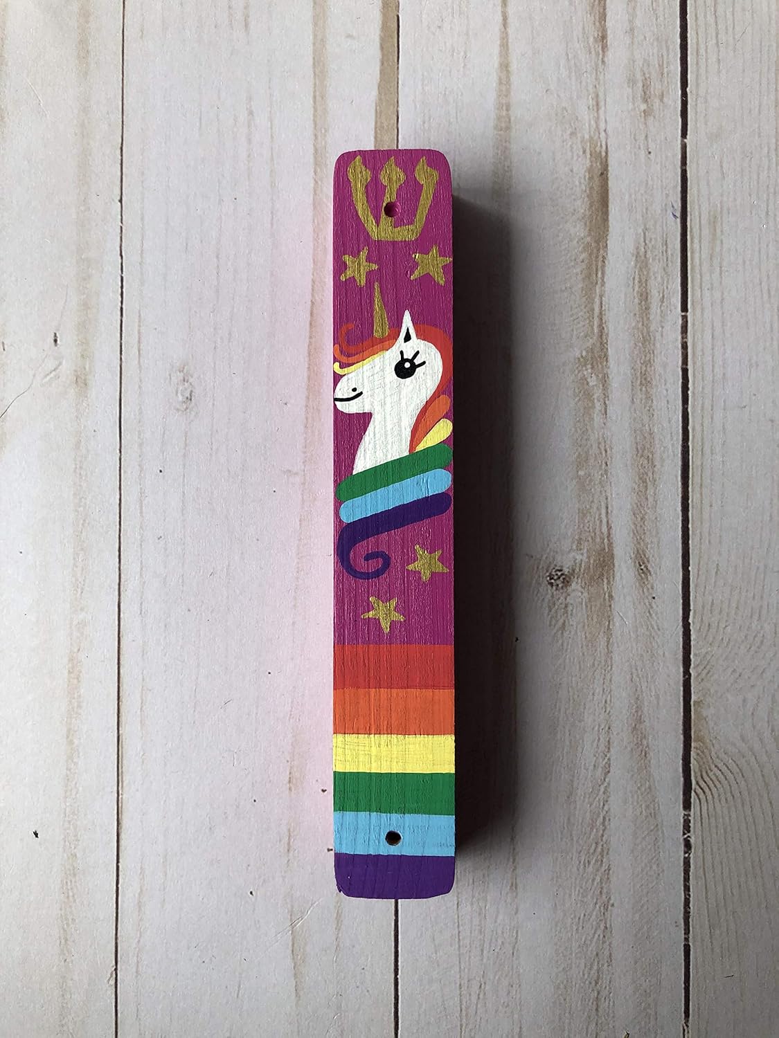 Lea Joelle Unicorn Mezuzah with Rainbow and Stars - Handmade Scroll Case Dark Pink
