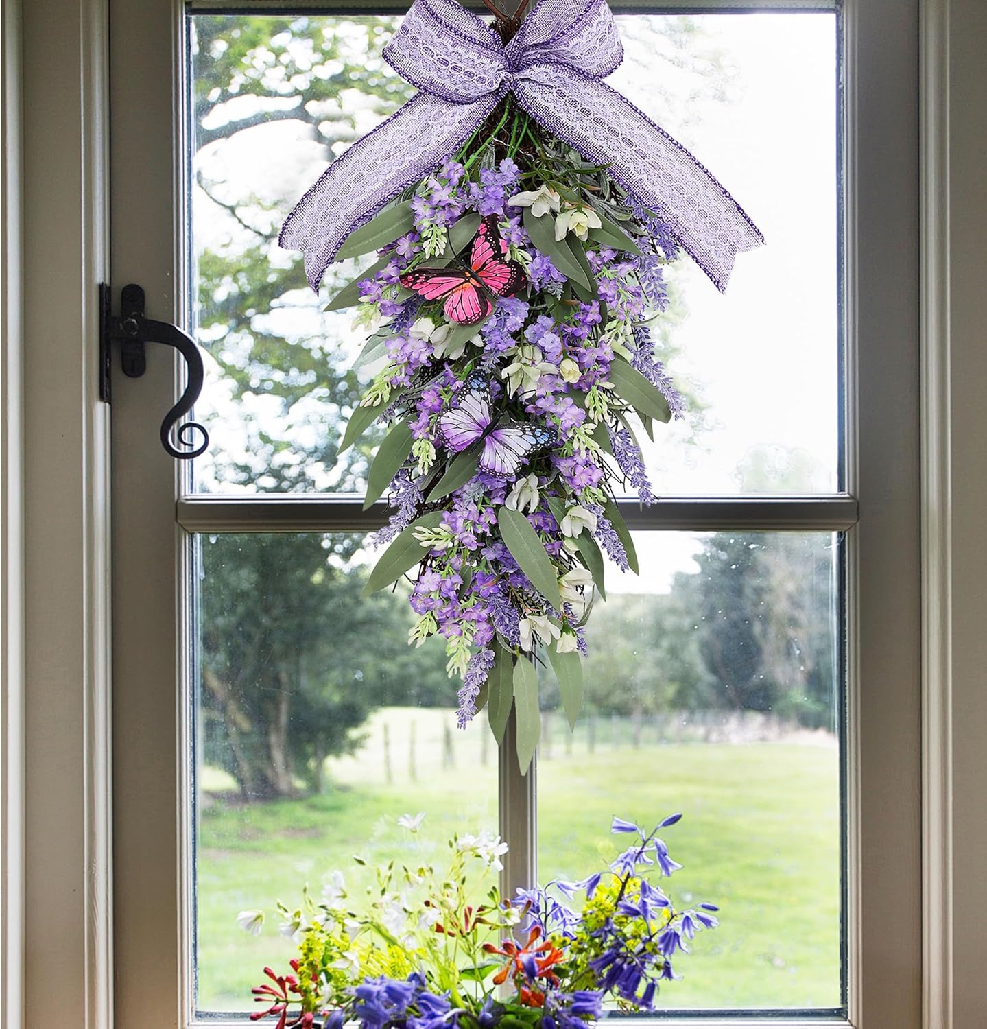 Jusdreen LED Teardrop Lavender Wreath with Butterflies Decor
