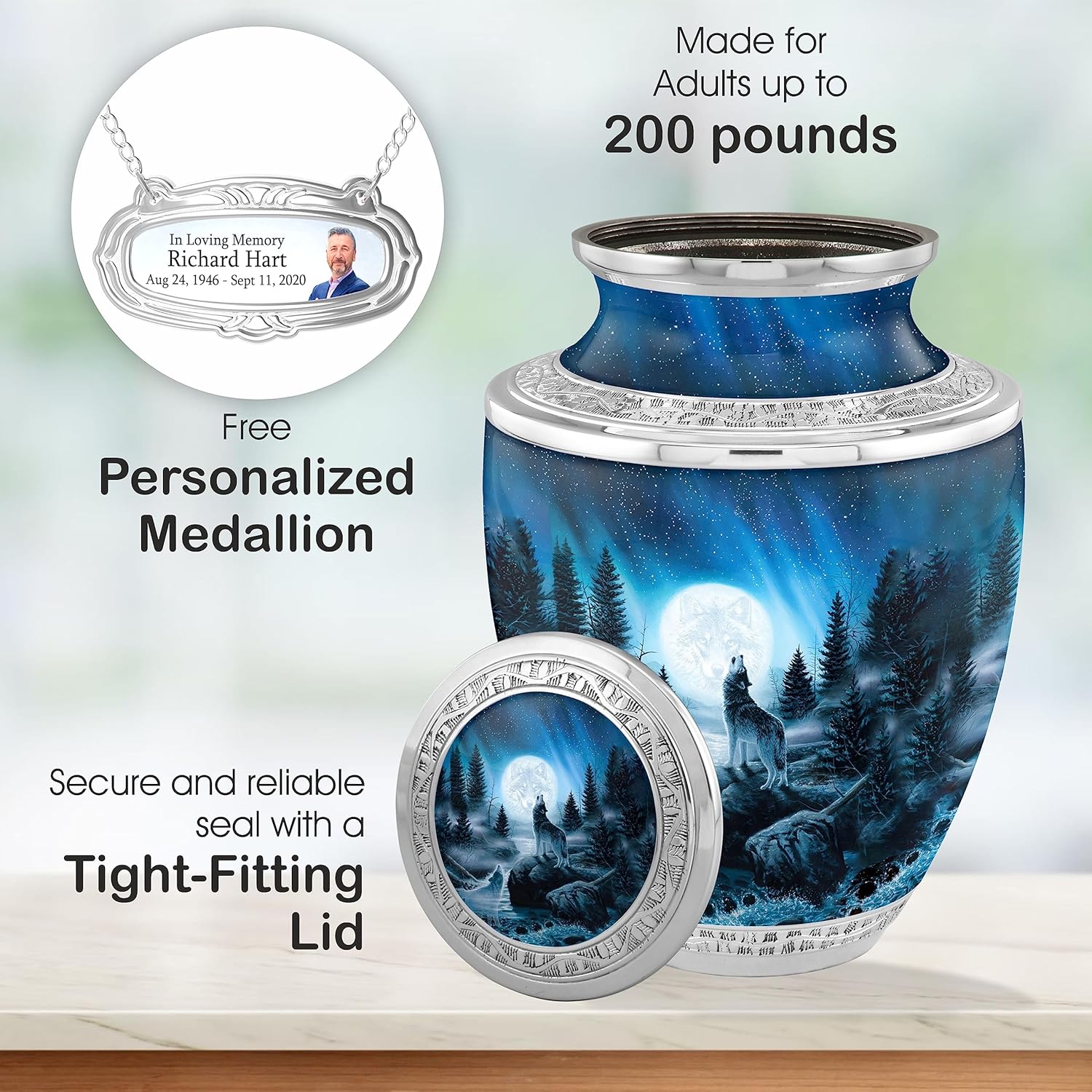 Personalized Medallion Wolf Cremation Urn for Adult Ashes