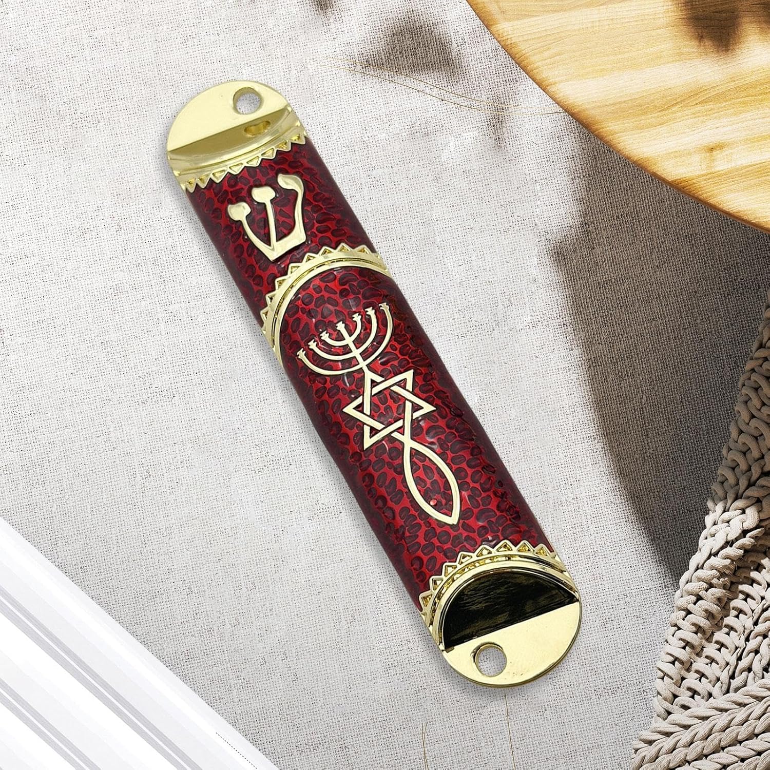 Jewish Mezuzah Case Red 16cm Unique Design Alloy